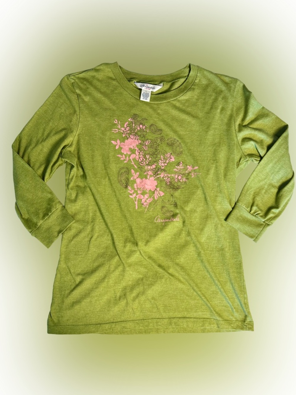 Vintage 2000s Y2K Aeropostale Baby Tee 3/4 Sleeve Green Graphic Size Large Girls